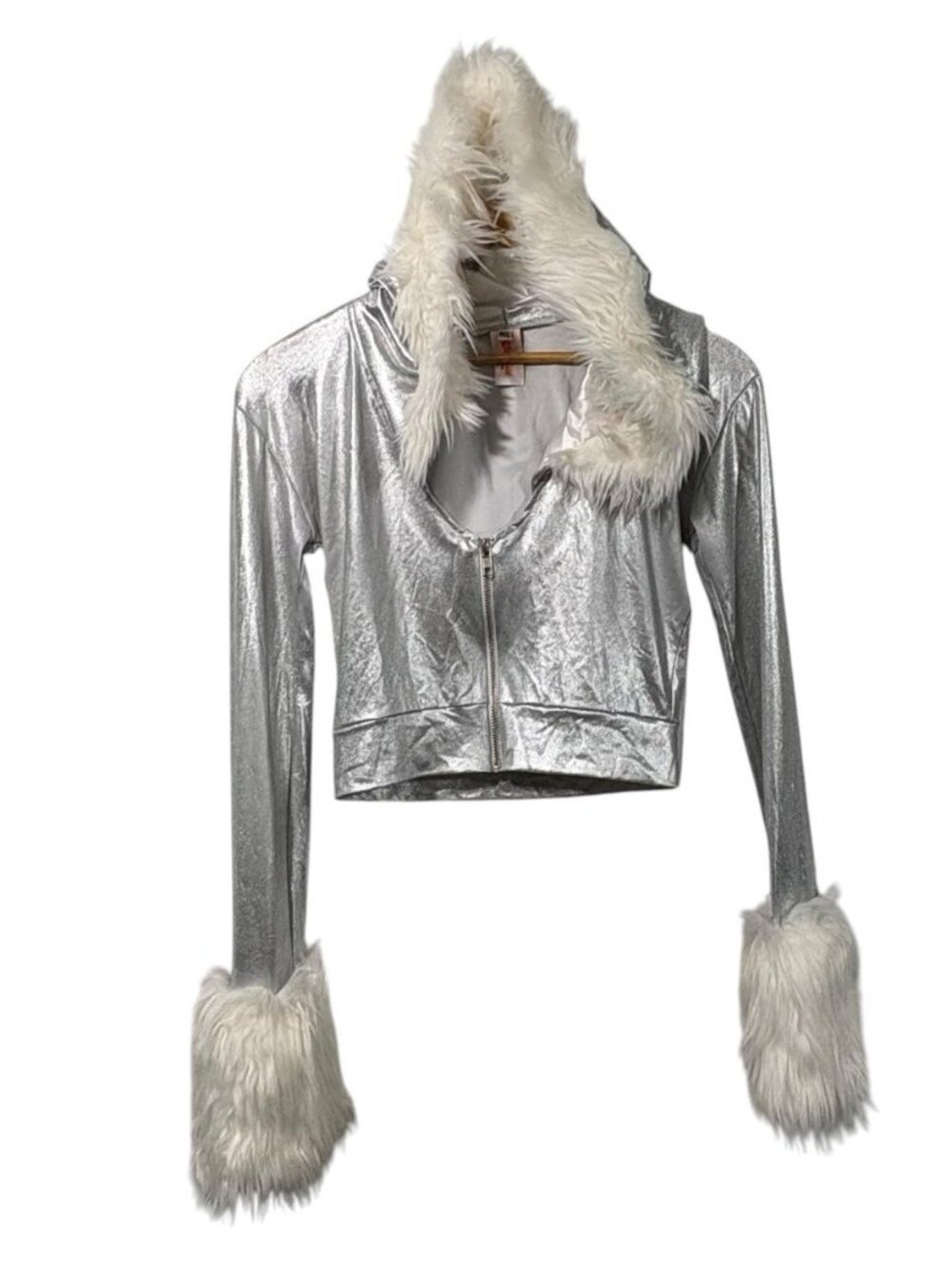 J. Valentine Shimmery Silver Cropped Hoodie Jacket Fur Trim Zip Up M/L Festival